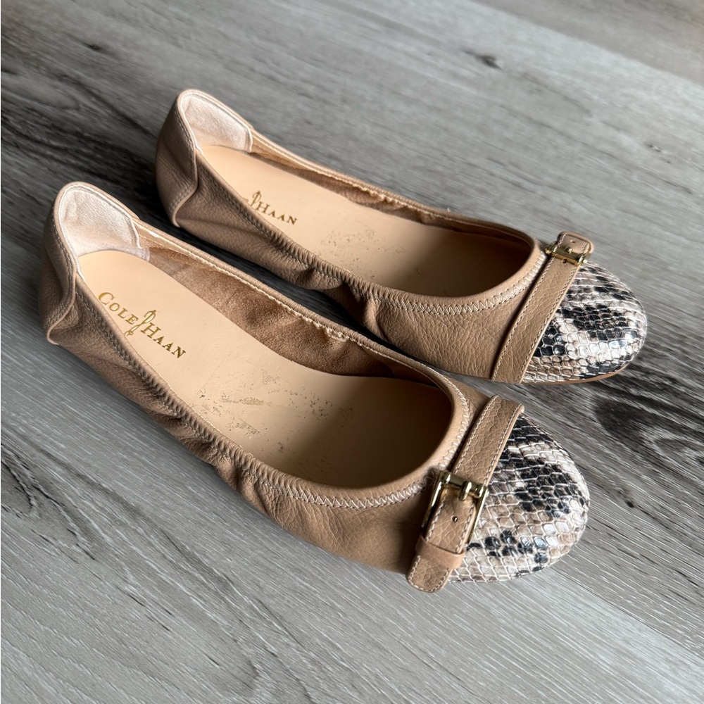 Cole Haan Tan and Snake Print Leather Flats, Size 5.5